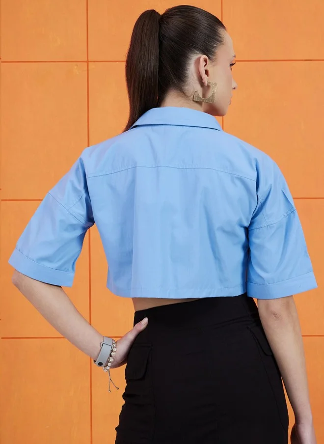STREET 9 Blue Boxy Crop Casual Shirt for Women