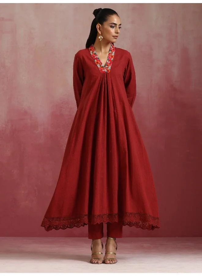 trueBrowns trueBrowns Maroon Cotton Dobby Kurta Set