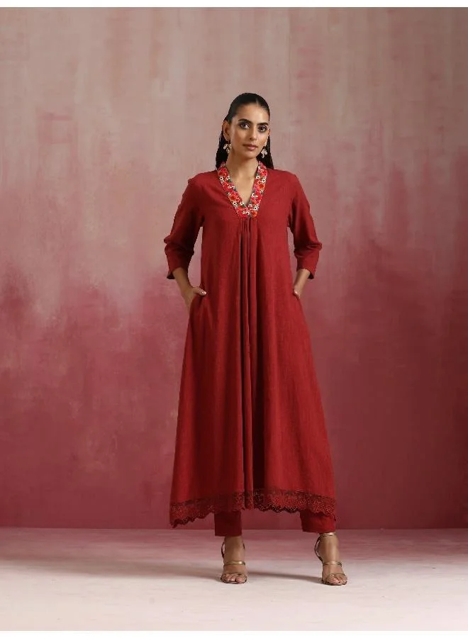 trueBrowns trueBrowns Maroon Cotton Dobby Kurta Set