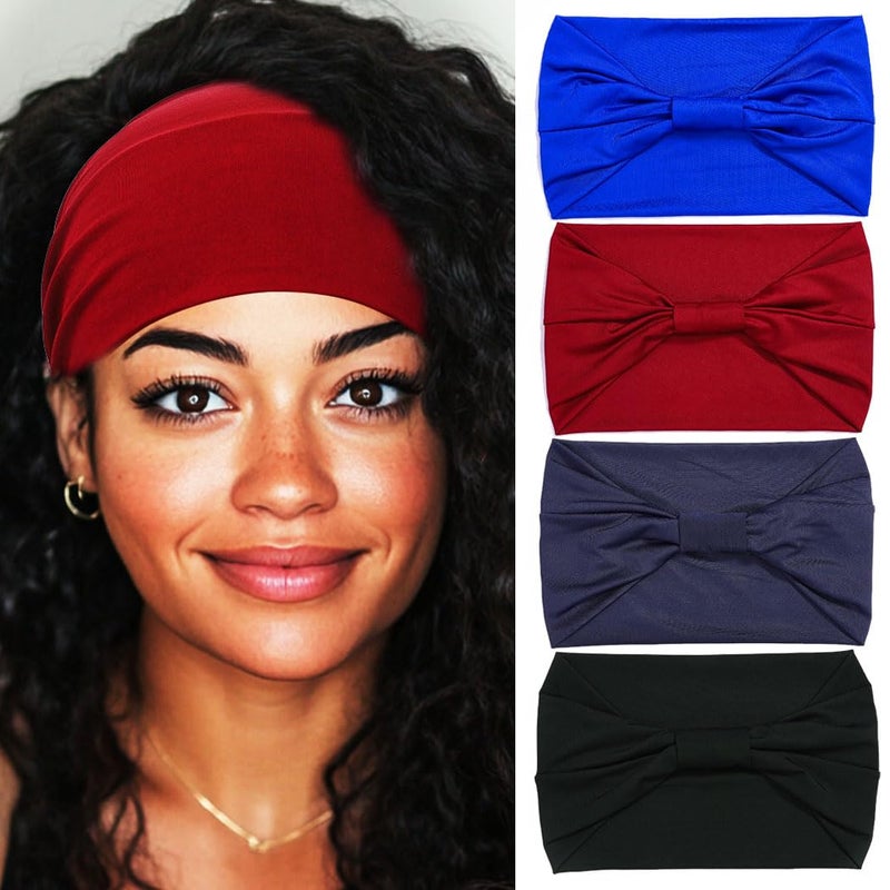 Woeoe Headbands for Women Wide Headband for Women Stretchy Workout Hair Bands 4Pack Black Bow Style