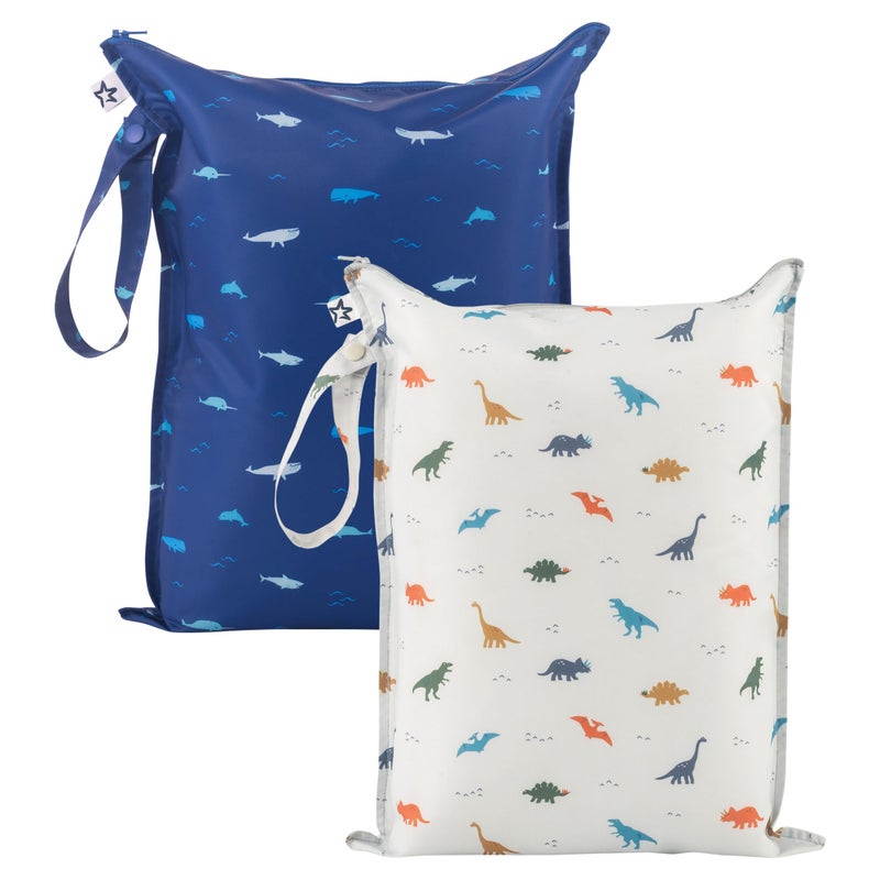 Tiny Twinkle MessProof Waterproof Wet Dry Bag 2Pack Reusable Wet Bags for Swimsuits Baby Clothes Leakproof Wet Bag for Travel Diaper Changes for Baby Dinosaur Ocean Life