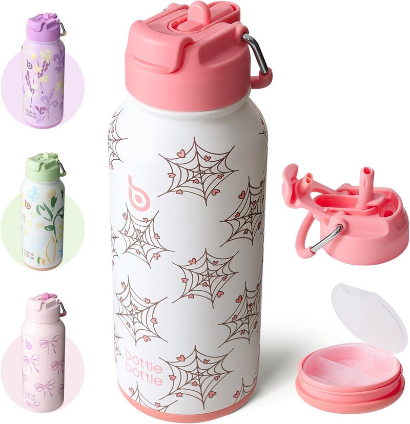 BOTTLE BOTTLE 32oz Insulated Water Bottle with Straw and Pill Box (Cupid Web) - Image 1