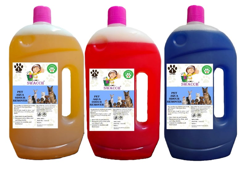 swacch Pet Aqua Odour Remover Liquid I Pet Safe Deodorizer for Home & Pet Areas I 1 Litre Combo Pack of 3 Orange, Strawberry & Lavender - Image 1