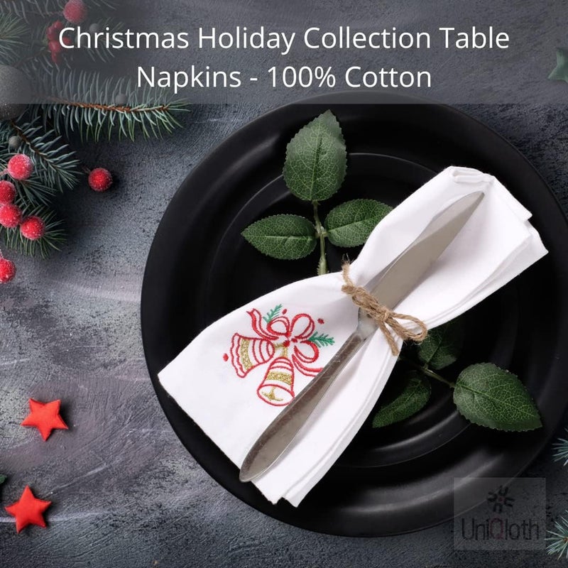 UniQloth Christmas Napkins Set of 12  100 Cotton Soft Durable Washable  Perfect Holiday Napkins  18x18 Embroidered Christmas Bells - Image 3