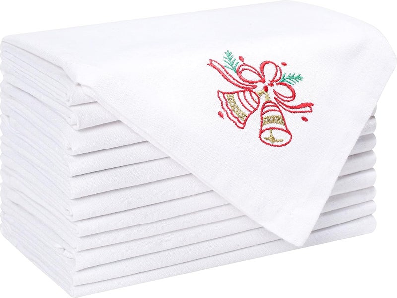 UniQloth Christmas Napkins Set of 12  100 Cotton Soft Durable Washable  Perfect Holiday Napkins  18x18 Embroidered Christmas Bells - Image 1