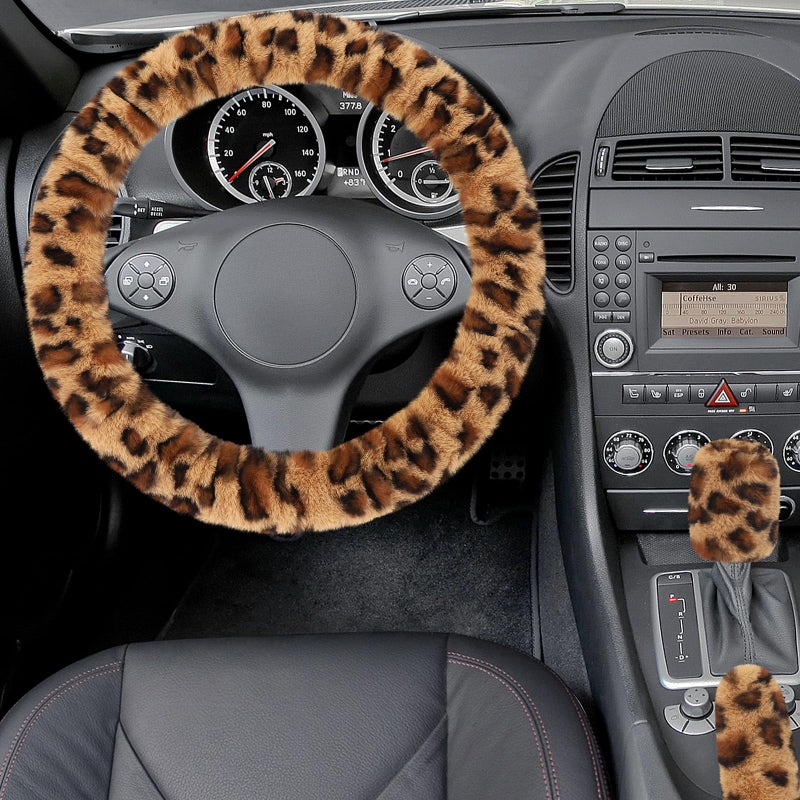 Accmor Fuzzy Car Steering Wheel Cover, Universal Fit Fur Auto Wheel Cover & Handbrake Cover & Gear Shift Cover Set, Anti-Slip Leopard Warm Fluffy Vehicle Wheel Protector Car Accessories for Men Women - Image 5
