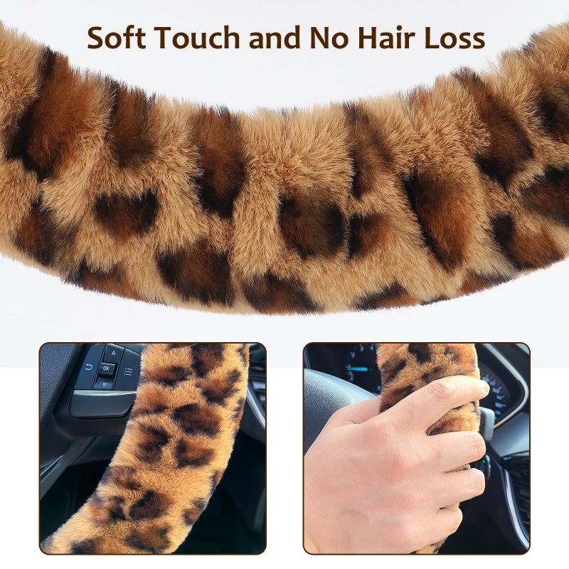 Accmor Fuzzy Car Steering Wheel Cover, Universal Fit Fur Auto Wheel Cover & Handbrake Cover & Gear Shift Cover Set, Anti-Slip Leopard Warm Fluffy Vehicle Wheel Protector Car Accessories for Men Women - Image 4
