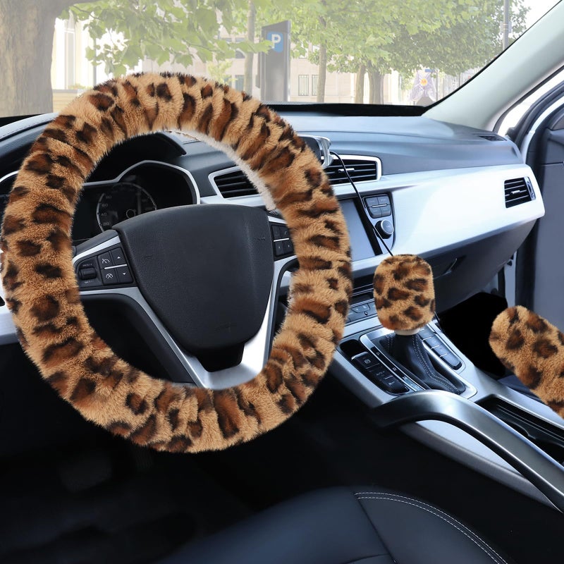 Accmor Fuzzy Car Steering Wheel Cover, Universal Fit Fur Auto Wheel Cover & Handbrake Cover & Gear Shift Cover Set, Anti-Slip Leopard Warm Fluffy Vehicle Wheel Protector Car Accessories for Men Women - Image 1