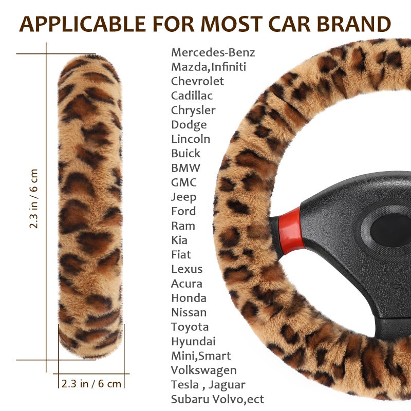 Accmor Fuzzy Car Steering Wheel Cover, Universal Fit Fur Auto Wheel Cover & Handbrake Cover & Gear Shift Cover Set, Anti-Slip Leopard Warm Fluffy Vehicle Wheel Protector Car Accessories for Men Women - Image 2