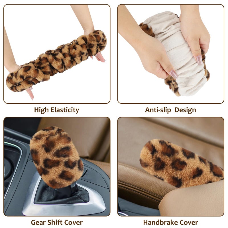Accmor Fuzzy Car Steering Wheel Cover, Universal Fit Fur Auto Wheel Cover & Handbrake Cover & Gear Shift Cover Set, Anti-Slip Leopard Warm Fluffy Vehicle Wheel Protector Car Accessories for Men Women - Image 3