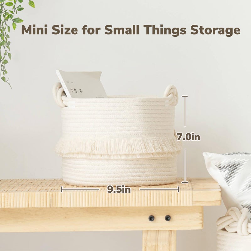 CherryNow Small Woven Storage Baskets, 9.5'' x 7'' inches Cotton Rope Decorative Hamper for Diaper, Blankets, Magazine and Keys, Cute Tassel Nursery Decor - Home Storage Container, Off-white - Image 3