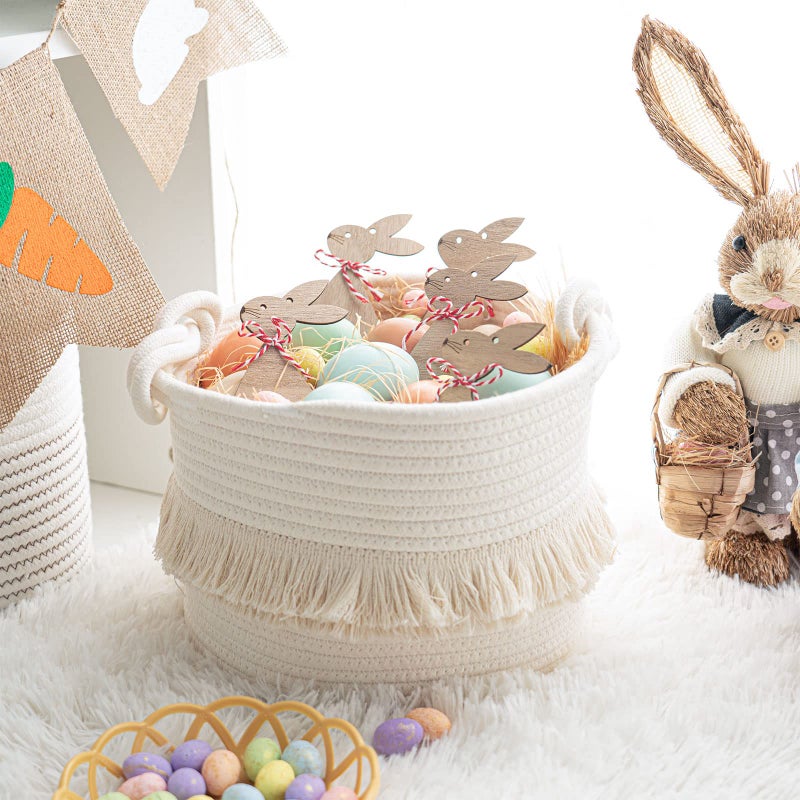 CherryNow Small Woven Storage Baskets, 9.5'' x 7'' inches Cotton Rope Decorative Hamper for Diaper, Blankets, Magazine and Keys, Cute Tassel Nursery Decor - Home Storage Container, Off-white - Image 2