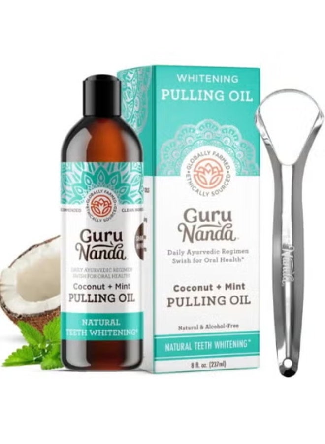 GuruNanda Oil Pulling Mouthwash with Coconut & Peppermint Oil, 8 Fl.Oz, with Tongue Scraper - Image 1