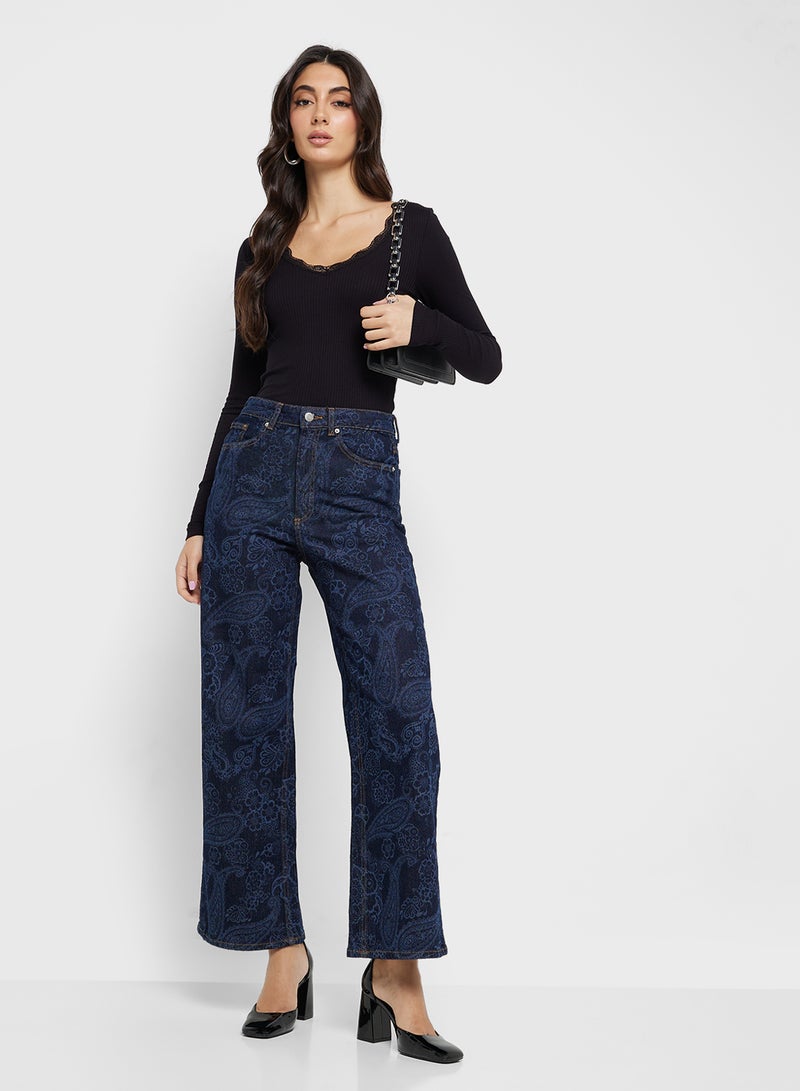 VERO MODA Wide Leg Floral Crochet Embossed 30" Jeans - Image 1