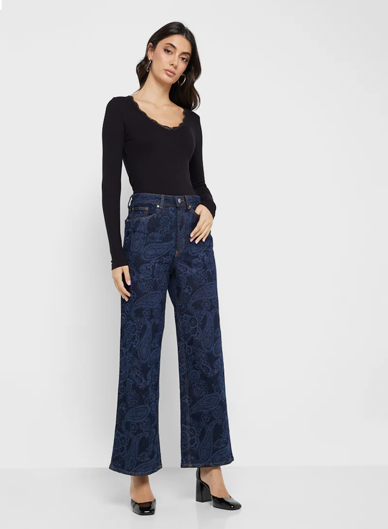 VERO MODA Wide Leg Floral Crochet Embossed 30" Jeans