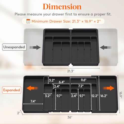 Lifewit Silverware Drawer Organizer, Expandable BPA Free Plastic Utensil Tray for Kitchen, Adjustable Flatware Cutlery Holder for Spoons Forks Knives, 21.3- 36 x 16.9", Black - Image 2