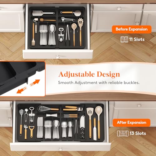 Lifewit Silverware Drawer Organizer, Expandable BPA Free Plastic Utensil Tray for Kitchen, Adjustable Flatware Cutlery Holder for Spoons Forks Knives, 21.3- 36 x 16.9", Black - Image 4