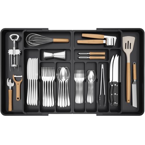 Lifewit Silverware Drawer Organizer, Expandable BPA Free Plastic Utensil Tray for Kitchen, Adjustable Flatware Cutlery Holder for Spoons Forks Knives, 21.3- 36 x 16.9", Black - Image 1