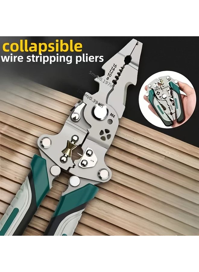 Green White Multifunctional Folding Wire Stripper Cutter Twister And Crimper Tool - Image 1