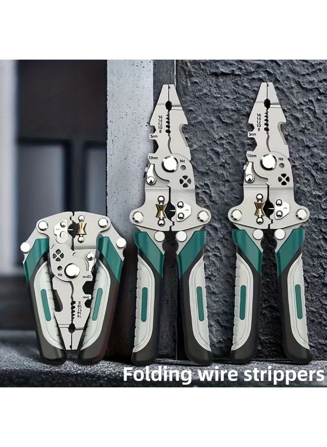 Green White Multifunctional Folding Wire Stripper Cutter Twister And Crimper Tool - Image 2