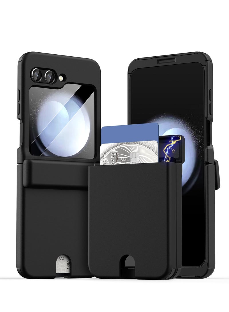 Captaintech Compatible with Galaxy Z Flip 5 Case, with Hinge Protection Card Holder & Screen Protector, Hard PC TPU Anti-Slip Shockproof Protective Case, Full Body Shockproof Shell Cover - Image 1