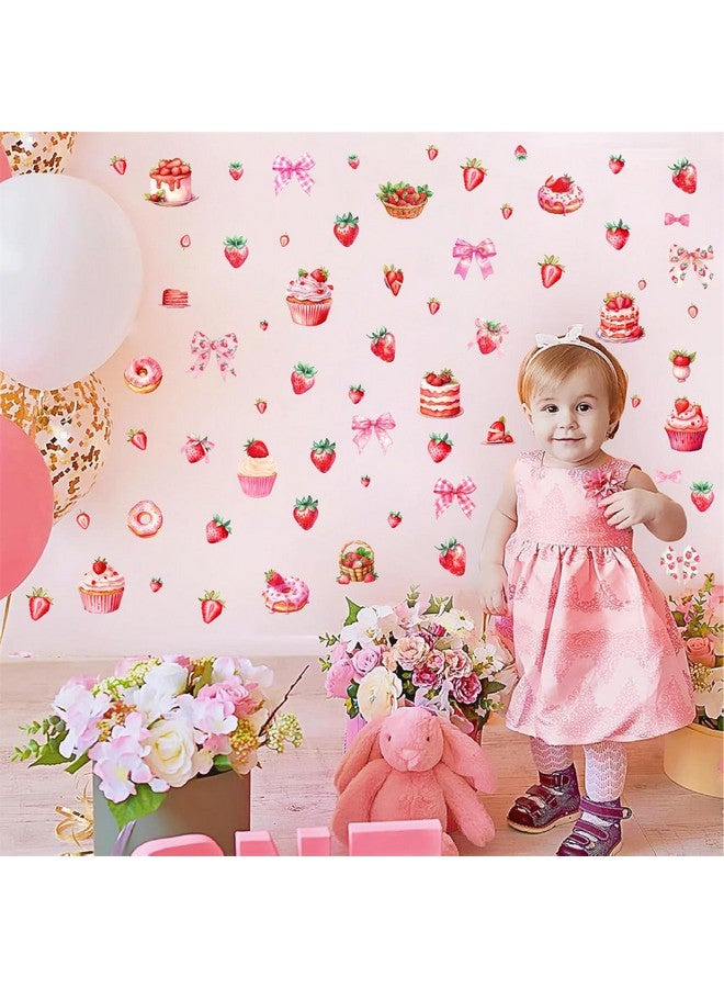 Barri Design Strawberry Party Decals Baby Shower Backdrop Decals Birthday Party Supplies Stickers Pink Bow Cupcake Strawberries Birthday Wall Stickers for Girls First Birthday Baby Shower Balloon Arch Decor - Image 3