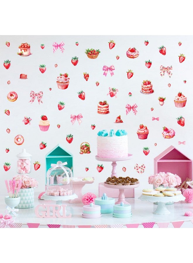 Barri Design Strawberry Party Decals Baby Shower Backdrop Decals Birthday Party Supplies Stickers Pink Bow Cupcake Strawberries Birthday Wall Stickers for Girls First Birthday Baby Shower Balloon Arch Decor - Image 2