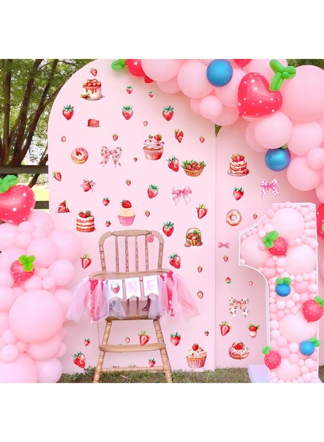 Barri Design Strawberry Party Decals Baby Shower Backdrop Decals Birthday Party Supplies Stickers Pink Bow Cupcake Strawberries Birthday Wall Stickers for Girls First Birthday Baby Shower Balloon Arch Decor - Image 1
