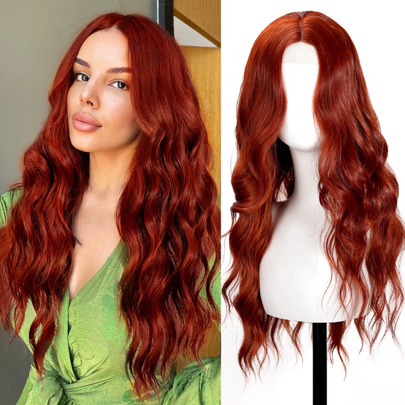 SHINLEA Auburn Wig for Women 26 Inch Long Wavy Lace Hairline Middle Part Natural Looking Synthetic Heat Resistant Fiber Wigs for Daily Party Halloween and Cosplay Auburn