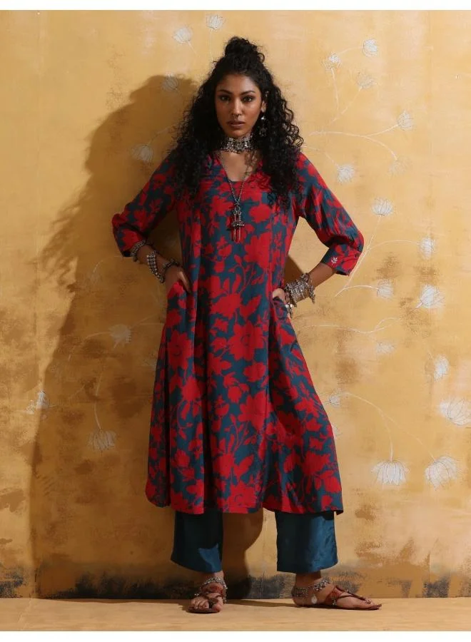ترو برونز trueBrowns Red Teal Jaal Print  Muslin Silk A-Line Kurta Set