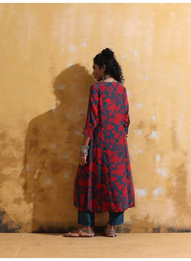 ترو برونز trueBrowns Red Teal Jaal Print  Muslin Silk A-Line Kurta Set