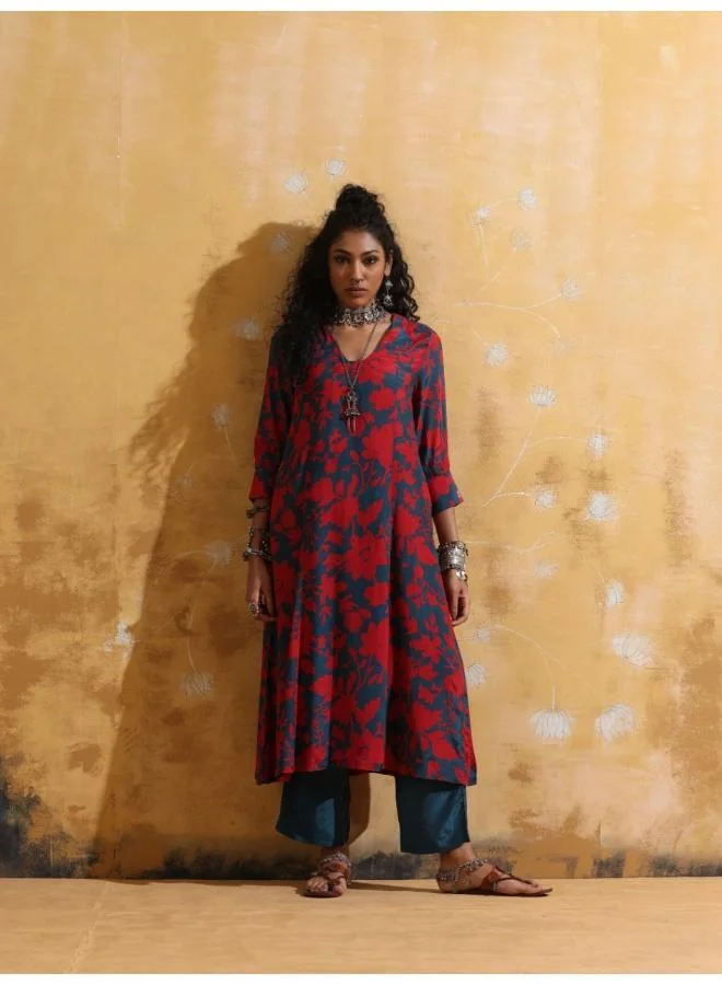 trueBrowns trueBrowns Red Teal Jaal Print  Muslin Silk A-Line Kurta Set