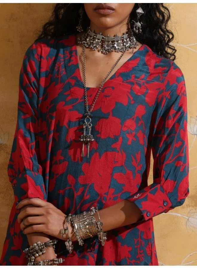 trueBrowns trueBrowns Red Teal Jaal Print  Muslin Silk A-Line Kurta Set