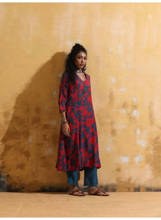 trueBrowns trueBrowns Red Teal Jaal Print  Muslin Silk A-Line Kurta Set