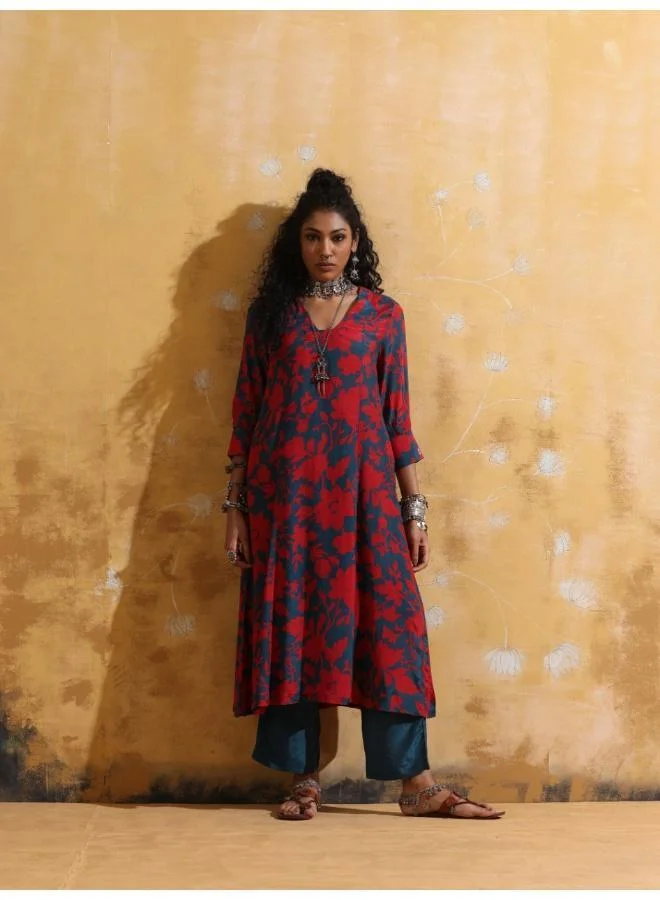 trueBrowns trueBrowns Red Teal Jaal Print  Muslin Silk A-Line Kurta Set