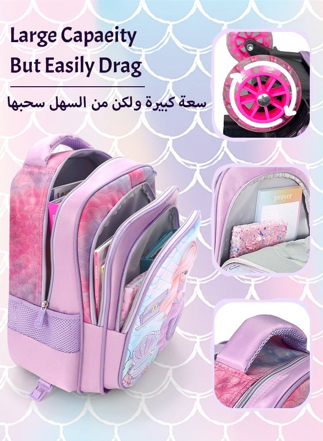 SOOO GOOD Mermaid Trolley Backpack Set Large Capacity Durable Rolling Backpack with Smooth Wheels Includes Insulated Lunch Bag Pencil Case Lunch Box and Water Bottle for Students Teens Kids - Image 3