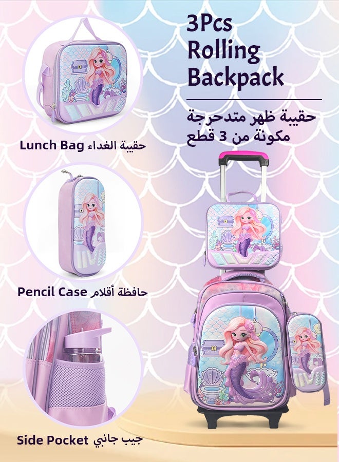 SOOO GOOD Mermaid Trolley Backpack Set Large Capacity Durable Rolling Backpack with Smooth Wheels Includes Insulated Lunch Bag Pencil Case Lunch Box and Water Bottle for Students Teens Kids - Image 5