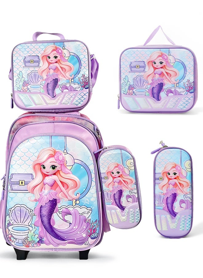 SOOO GOOD Mermaid Trolley Backpack Set Large Capacity Durable Rolling Backpack with Smooth Wheels Includes Insulated Lunch Bag Pencil Case Lunch Box and Water Bottle for Students Teens Kids - Image 1
