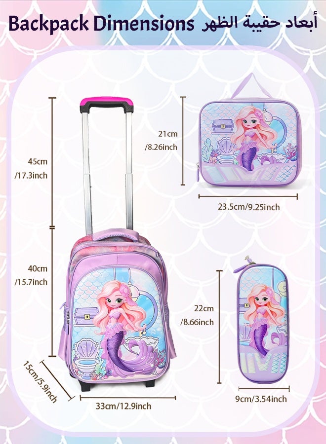 SOOO GOOD Mermaid Trolley Backpack Set Large Capacity Durable Rolling Backpack with Smooth Wheels Includes Insulated Lunch Bag Pencil Case Lunch Box and Water Bottle for Students Teens Kids - Image 2