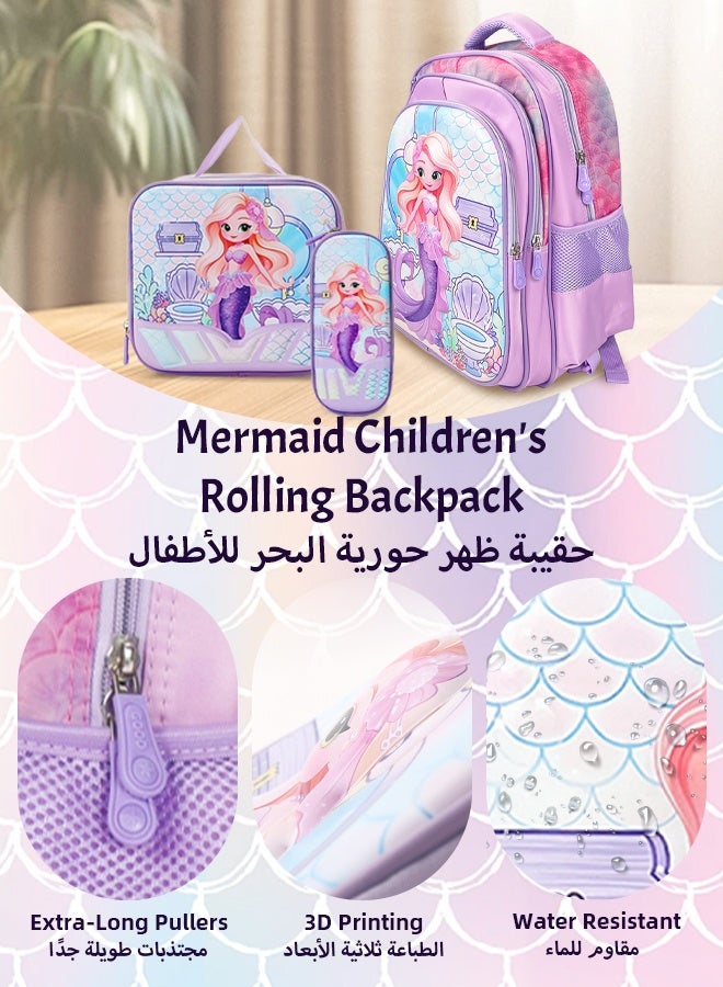 SOOO GOOD Mermaid Trolley Backpack Set Large Capacity Durable Rolling Backpack with Smooth Wheels Includes Insulated Lunch Bag Pencil Case Lunch Box and Water Bottle for Students Teens Kids - Image 4