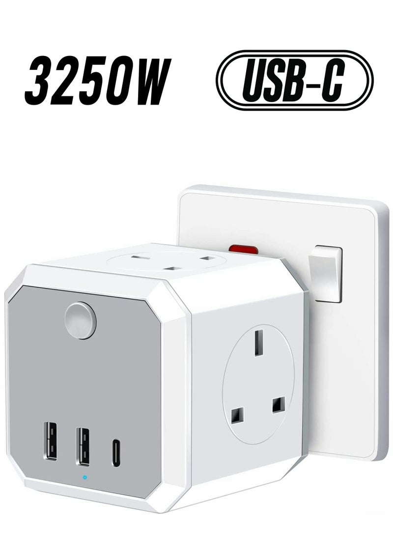 Excefore Multi Plug Adapter with USB, Cube Extension Plug with 4 AC Outlets 2 USB and 1 Type-C Slots, UK Wall Socket, 13A Multi Plug Extension Socket Power Adapter for Home Office Kitchen, White  - Image 1