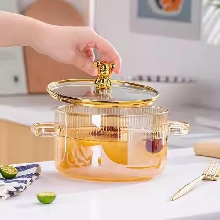 Generic Glass Cooking Pot with Golden Bear Decorative Lid Handle, Double Handle Design .FI - Image 1
