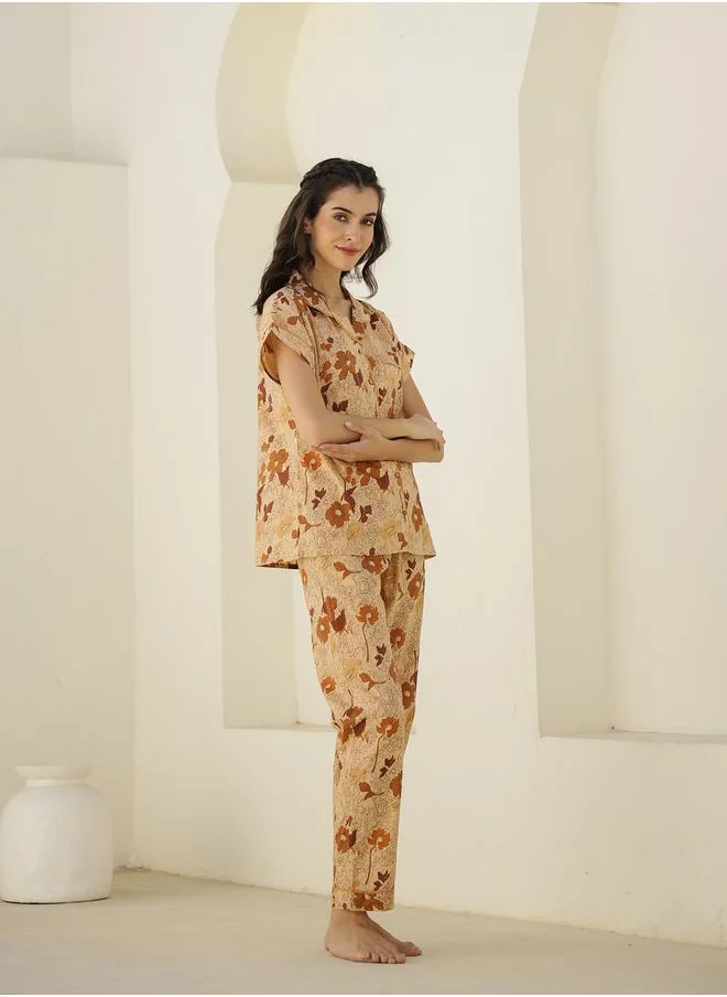 سانسكريتي هومز Floral Printed Short Sleeve Shirt and Pyjama Set