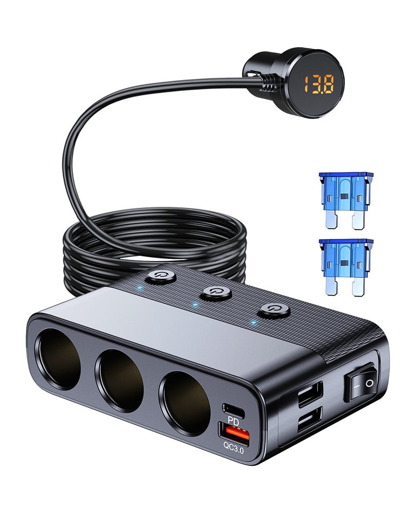 موزع ولاعة السجائر 7 في 1 LIHAN 3 مآخذ شاحن سيارة محول TypeC QC30 PD 30W شحن مزدوج USB منافذ شحن مفاتيح مستقلة مقياس فولت LED مقبس 12V24V كابل 33 قدم