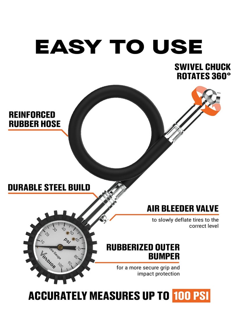 SYOSI Tire Gauge - (0-100 PSI) Heavy Duty Tire Pressure Gauge. Certified ANSI Accurate with LLarge Easy to Read Glow Dial, Low to High Air Pressure Tire Gauge for RV, Bicycles, Cars, Trucks  - Image 4