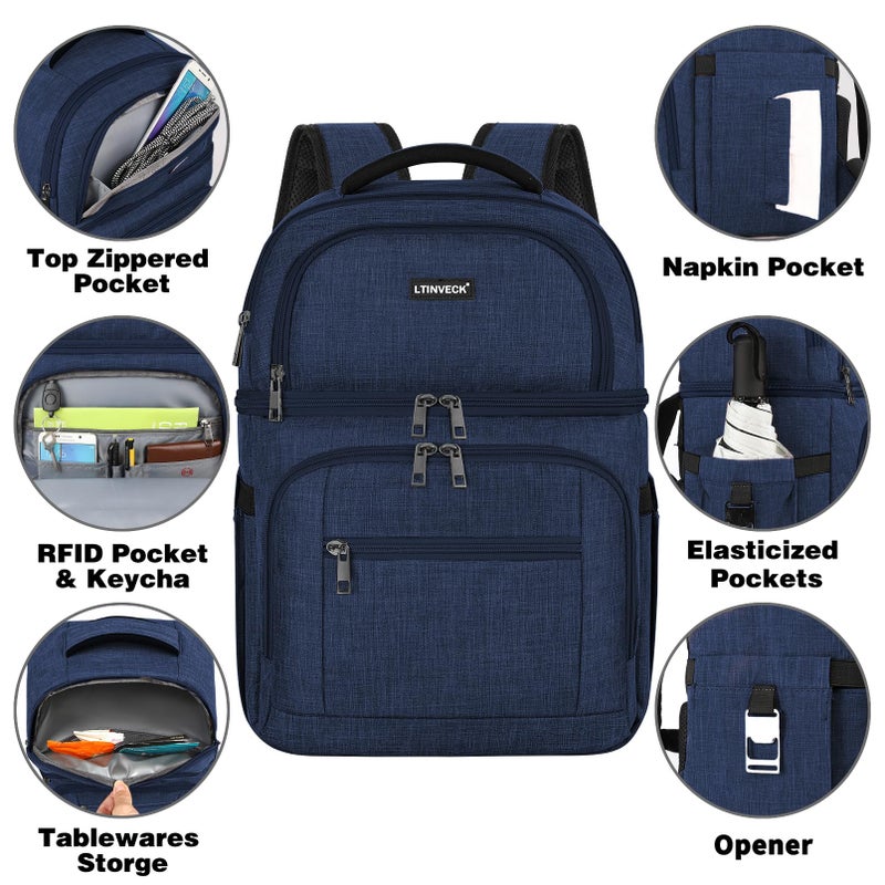 LTINVECK Cooler Backpack,Leakproof Double Deck Insulated Cooler Bag for Men Women RFID Lunch Backpack Blue - Image 4