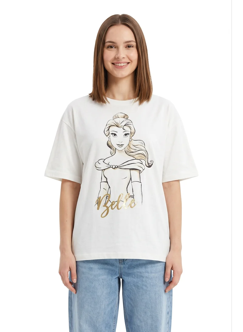 Disney Princess Belle Women’s Drop Shoulder T-Shirt | Beauty and the Beast Graphic Casual Cotton Tee