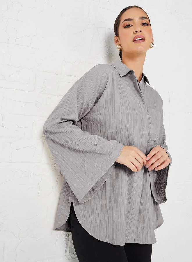 Styli Flare Sleeve Crepe Oversized Longline Shirt