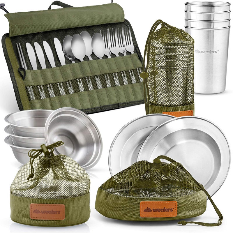 Wealers Unique Complete Messware Kit Polished Stainless Steel Dishes Set| Tableware| Dinnerware| Camping| Buffet| Includes - Cups | Plates| Bowls| Cutlery| Comes In Mesh Bags (4 Person Set) (Green)