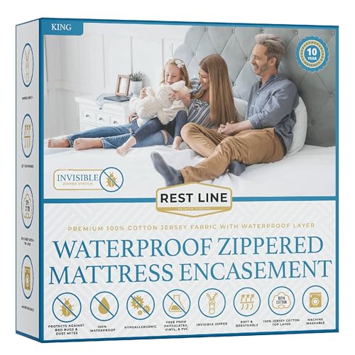 REST LINE PREMIUM BEDDING King Size 76x80 Waterproof Zippered Mattress Encasement  100 Cotton Hypoallergenic Bed Bug Proof Six Sided Cover Invisible Zippered 15 Deep by Rest Line Premium Bedding 